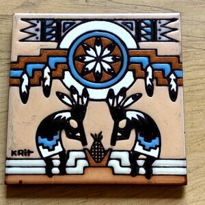 Vintage Clay Pottery Tile Kokopelli Mystery Folk Art Tucson Handmade Southwest